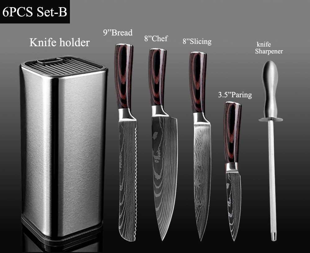 XITUO Kitchen Chef Set Knife Stainless Steel Knife Holder Santoku Utility Cut Cleaver Bread Paring Knives Scissors Cooking Tools - dianjiang-