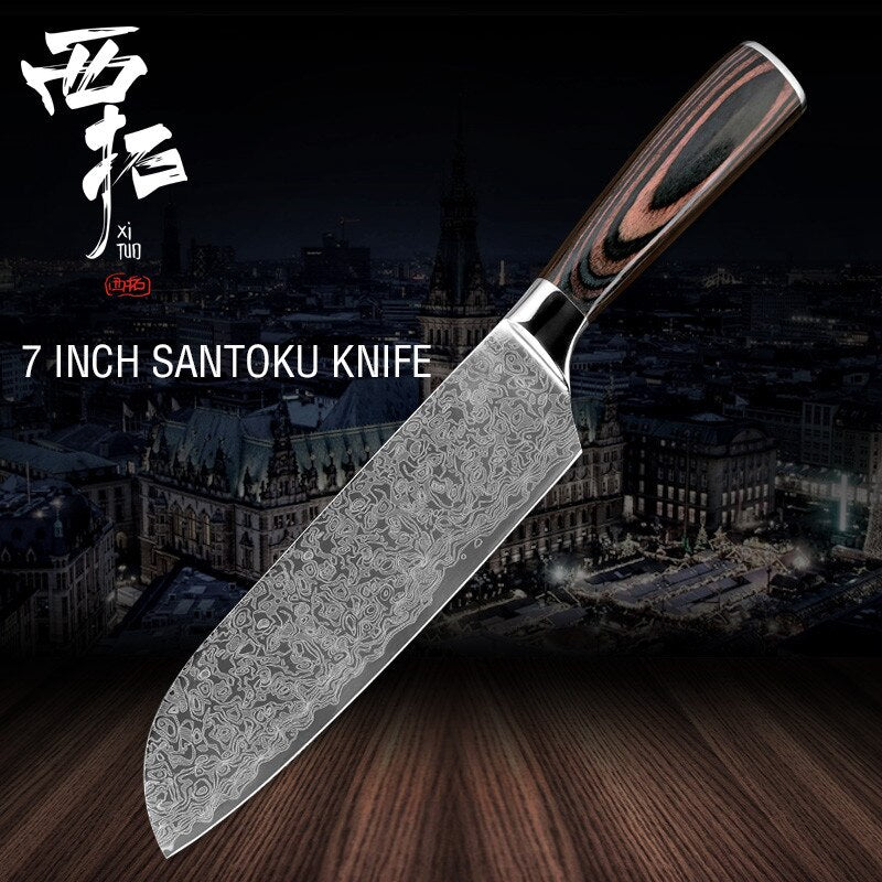 XITUO kitchen chef knife laser Damascus pattern stainless steel cut meat sliced peeled fruit Utility santoku kitchen tool set - dianjiang-