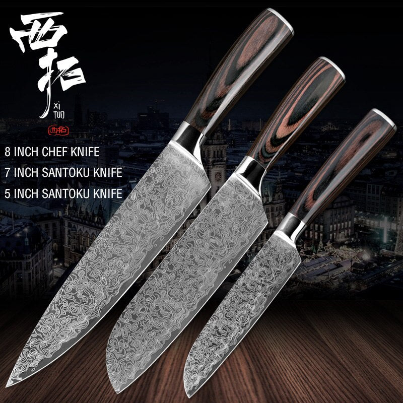 XITUO kitchen chef knife laser Damascus pattern stainless steel cut meat sliced peeled fruit Utility santoku kitchen tool set - dianjiang-