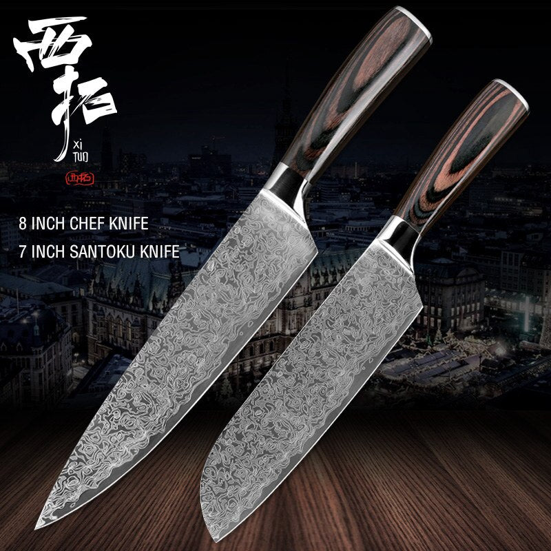 XITUO kitchen chef knife laser Damascus pattern stainless steel cut meat sliced peeled fruit Utility santoku kitchen tool set - dianjiang-