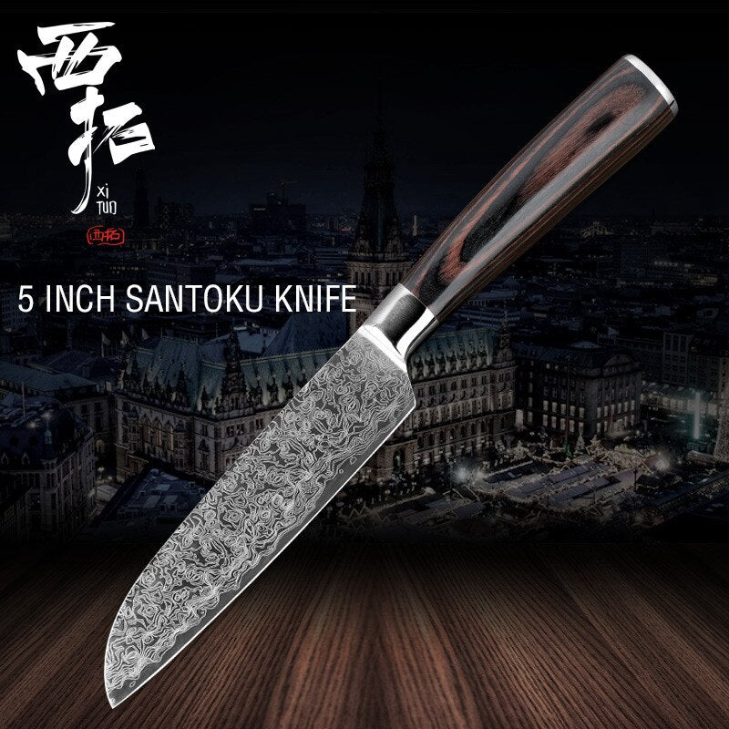 XITUO kitchen chef knife laser Damascus pattern stainless steel cut meat sliced peeled fruit Utility santoku kitchen tool set - dianjiang-