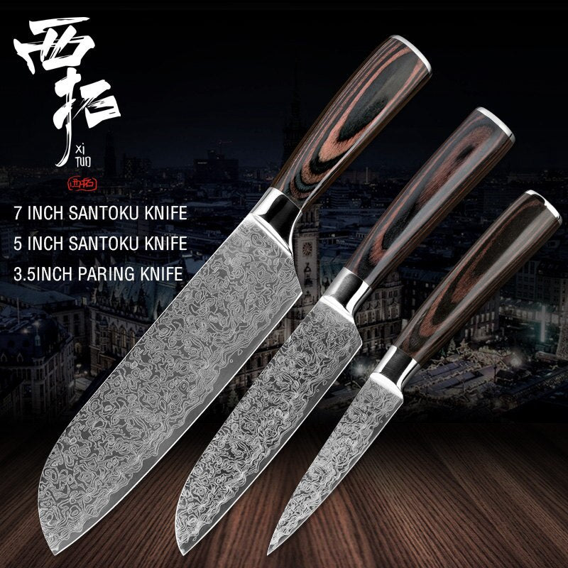 XITUO kitchen chef knife laser Damascus pattern stainless steel cut meat sliced peeled fruit Utility santoku kitchen tool set - dianjiang-