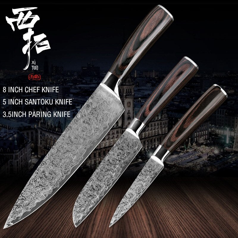 XITUO kitchen chef knife laser Damascus pattern stainless steel cut meat sliced peeled fruit Utility santoku kitchen tool set - dianjiang-