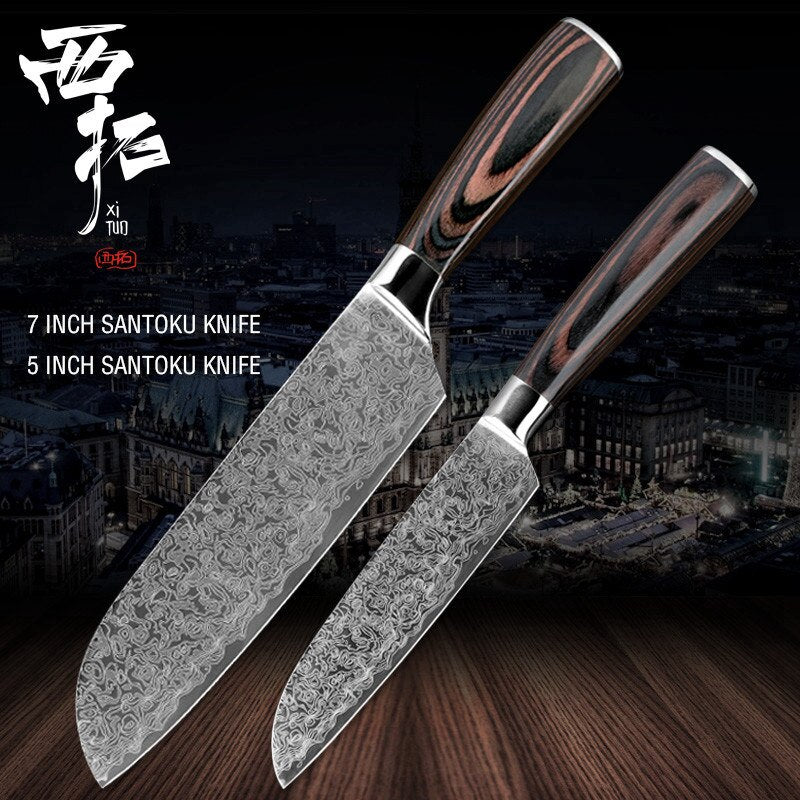 XITUO kitchen chef knife laser Damascus pattern stainless steel cut meat sliced peeled fruit Utility santoku kitchen tool set - dianjiang-