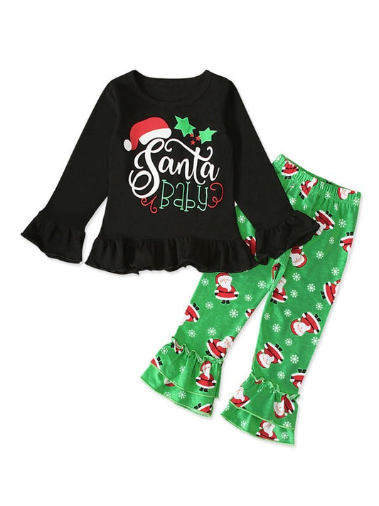 XMAS 2-Piece Toddler Girl Santa Baby Frilled Top Matching Bell Bottoms - dianjiang-
