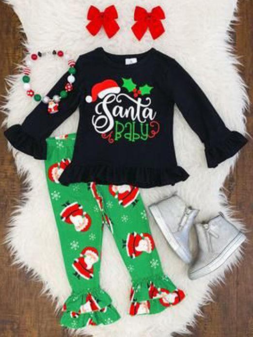 XMAS 2-Piece Toddler Girl Santa Baby Frilled Top Matching Bell Bottoms - dianjiang-
