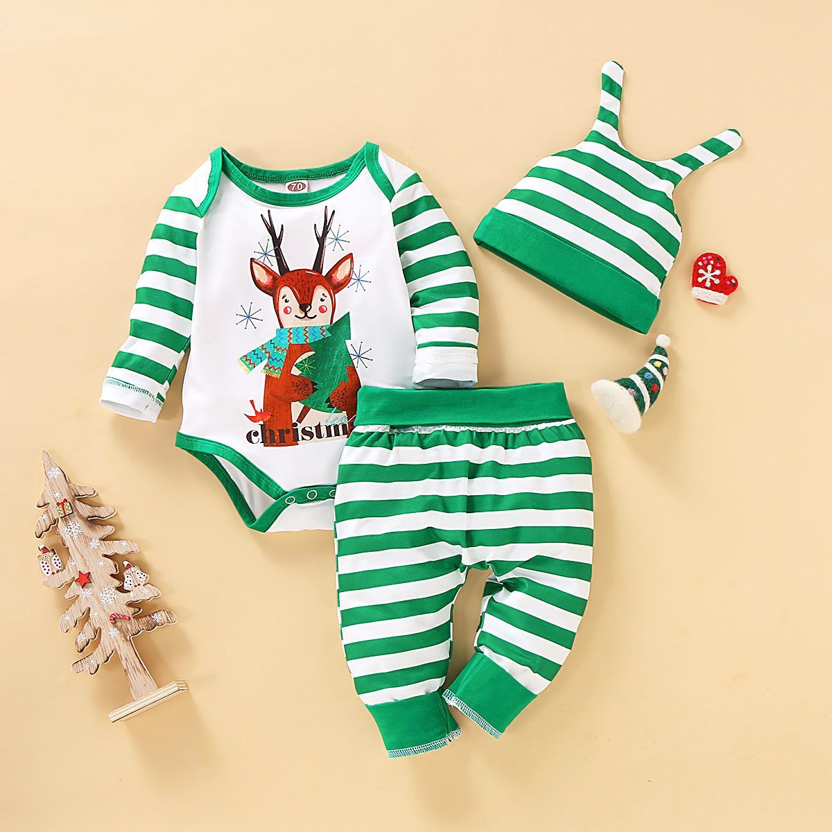 XMAS Baby 3-Piece Set Deer Romper+Stripe Pants+Hat - dianjiang-