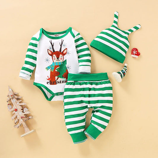 XMAS Baby 3-Piece Set Deer Romper+Stripe Pants+Hat - dianjiang-