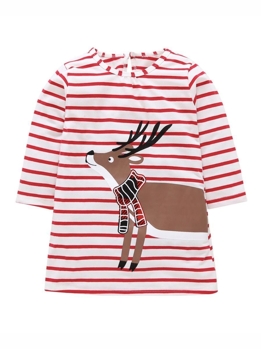 XMAS Deer Stripe Long-sleeved Shift Dress - dianjiang-