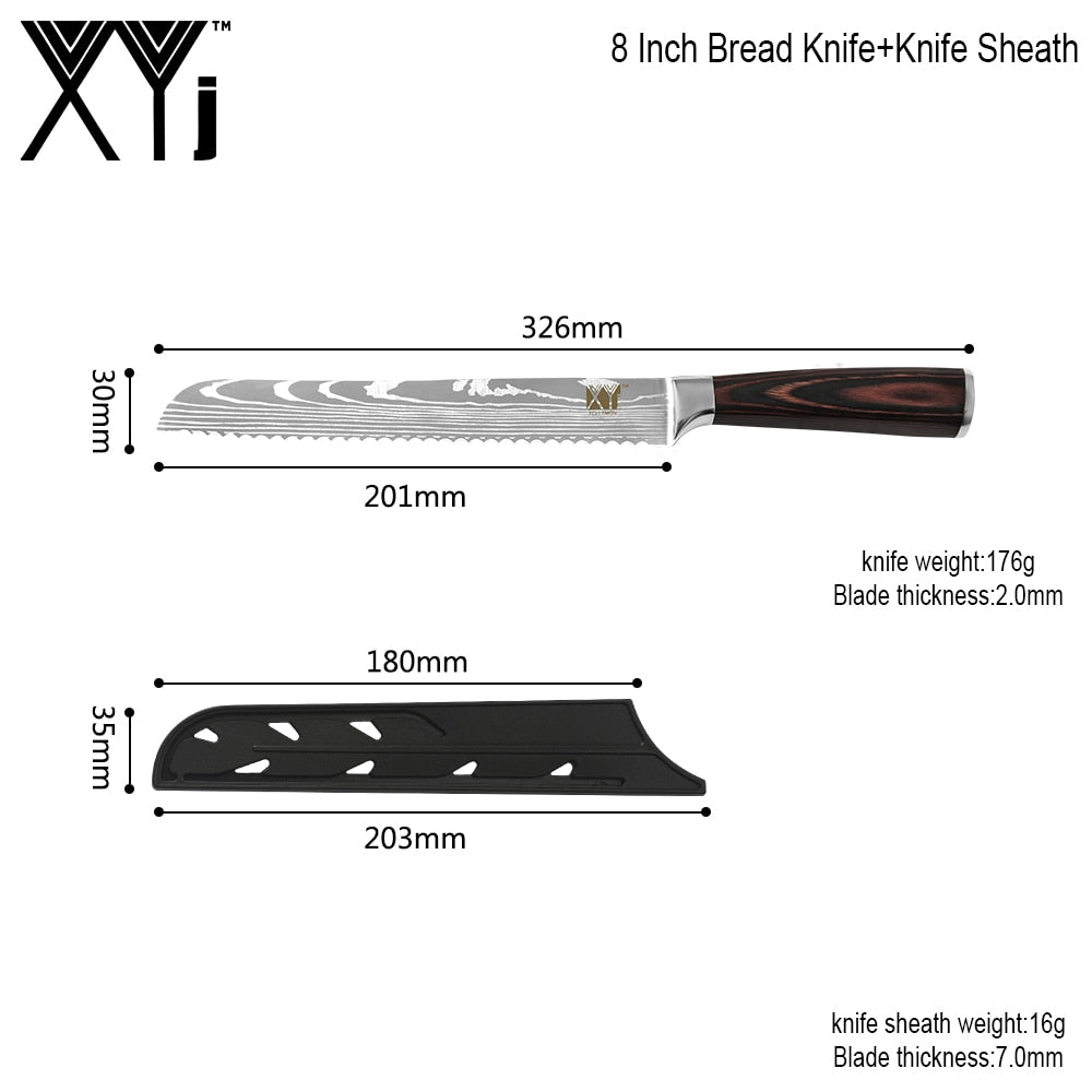 XYj 8PCS Stainless Steel Knives Set Damascus Pattern Blade Chef Bread Santoku Slicing Utility Paring Knife Cooking Tools - dianjiang-