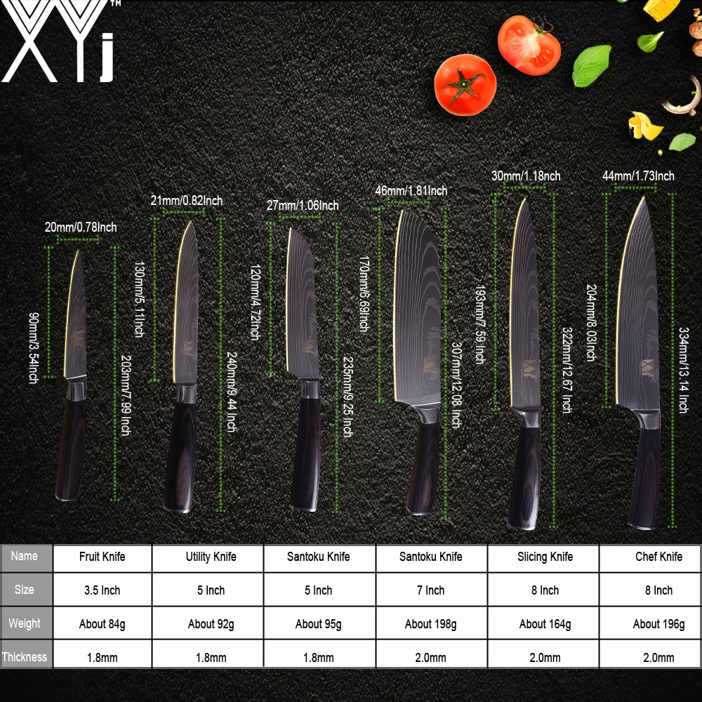 XYj 8PCS Stainless Steel Knives Set Damascus Pattern Blade Chef Bread Santoku Slicing Utility Paring Knife Cooking Tools - dianjiang-