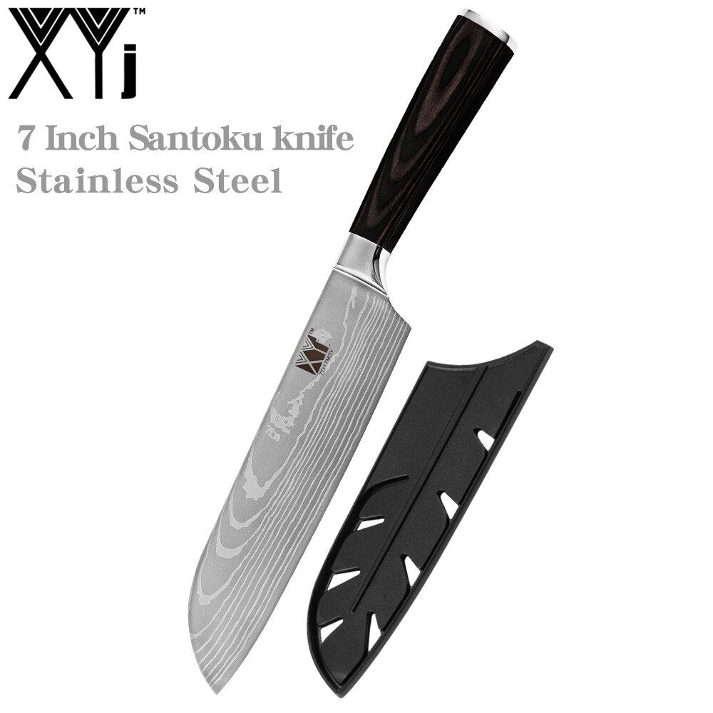 XYj 8PCS Stainless Steel Knives Set Damascus Pattern Blade Chef Bread Santoku Slicing Utility Paring Knife Cooking Tools - dianjiang-