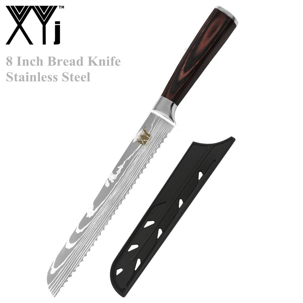 XYj 8PCS Stainless Steel Knives Set Damascus Pattern Blade Chef Bread Santoku Slicing Utility Paring Knife Cooking Tools - dianjiang-