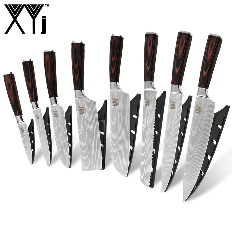 XYj 8PCS Stainless Steel Knives Set Damascus Pattern Blade Chef Bread Santoku Slicing Utility Paring Knife Cooking Tools - dianjiang-