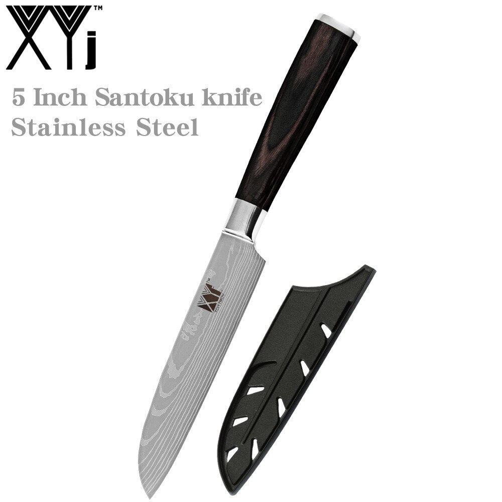 XYj 8PCS Stainless Steel Knives Set Damascus Pattern Blade Chef Bread Santoku Slicing Utility Paring Knife Cooking Tools - dianjiang-