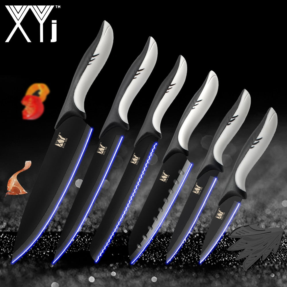 XYj Kitchen Cooking Stainless Steel Knives Tools Black Blade Paring Utility Santoku Chef Slicing Bread Kitchen Accessories Tools - dianjiang-