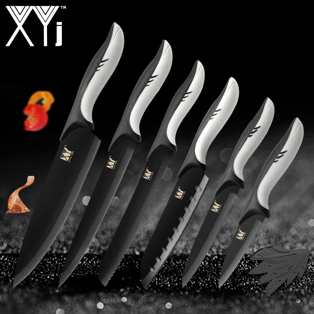 XYj Kitchen Cooking Stainless Steel Knives Tools Black Blade Paring Utility Santoku Chef Slicing Bread Kitchen Accessories Tools - dianjiang-