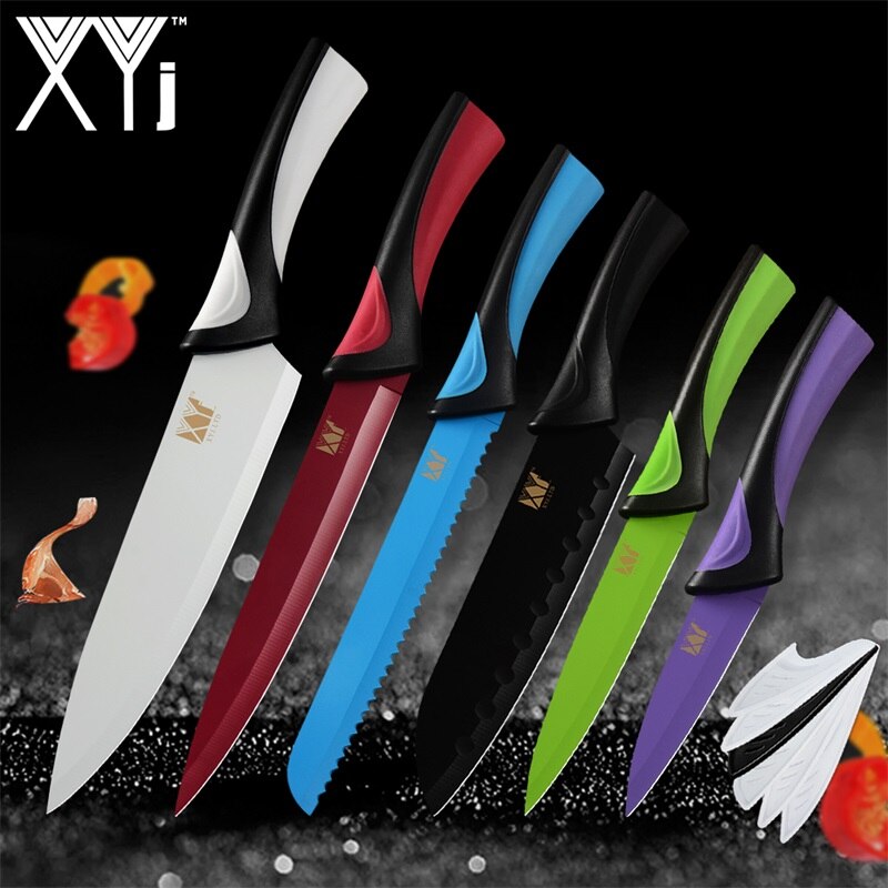 XYj Kitchen Cooking Stainless Steel Knives Tools Black Blade Paring Utility Santoku Chef Slicing Bread Kitchen Accessories Tools - dianjiang-