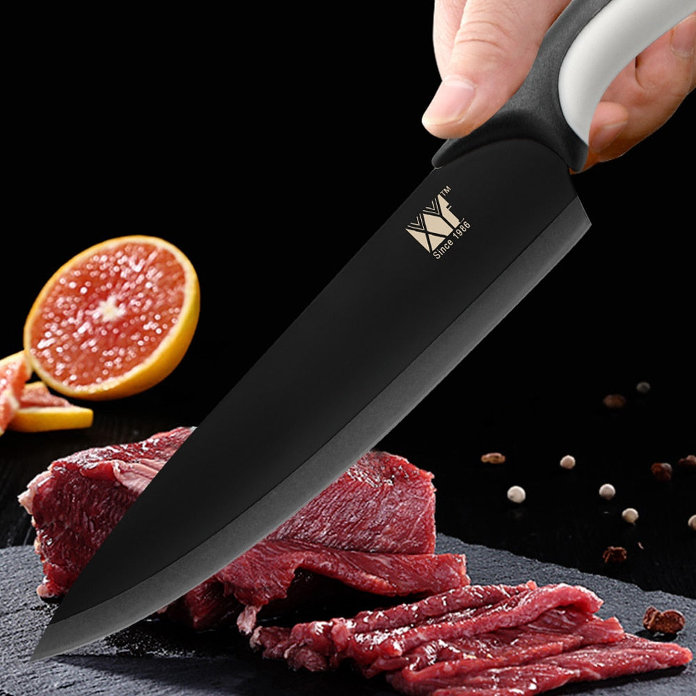 XYj Kitchen Cooking Stainless Steel Knives Tools Black Blade Paring Utility Santoku Chef Slicing Bread Kitchen Accessories Tools - dianjiang-