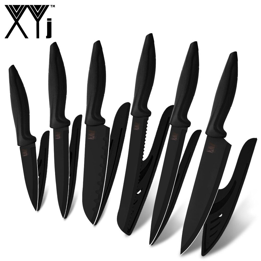 XYj Kitchen Cooking Stainless Steel Knives Tools Black Blade Paring Utility Santoku Chef Slicing Bread Kitchen Accessories Tools - dianjiang-