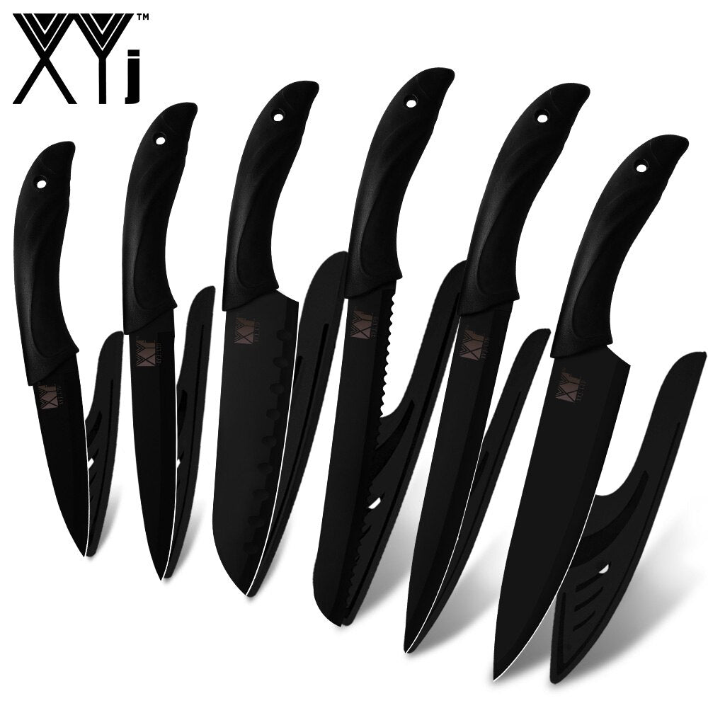 XYj Kitchen Cooking Stainless Steel Knives Tools Black Blade Paring Utility Santoku Chef Slicing Bread Kitchen Accessories Tools - dianjiang-