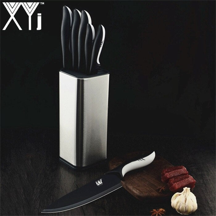 XYj Kitchen Cooking Stainless Steel Knives Tools Black Blade Paring Utility Santoku Chef Slicing Bread Kitchen Accessories Tools - dianjiang-