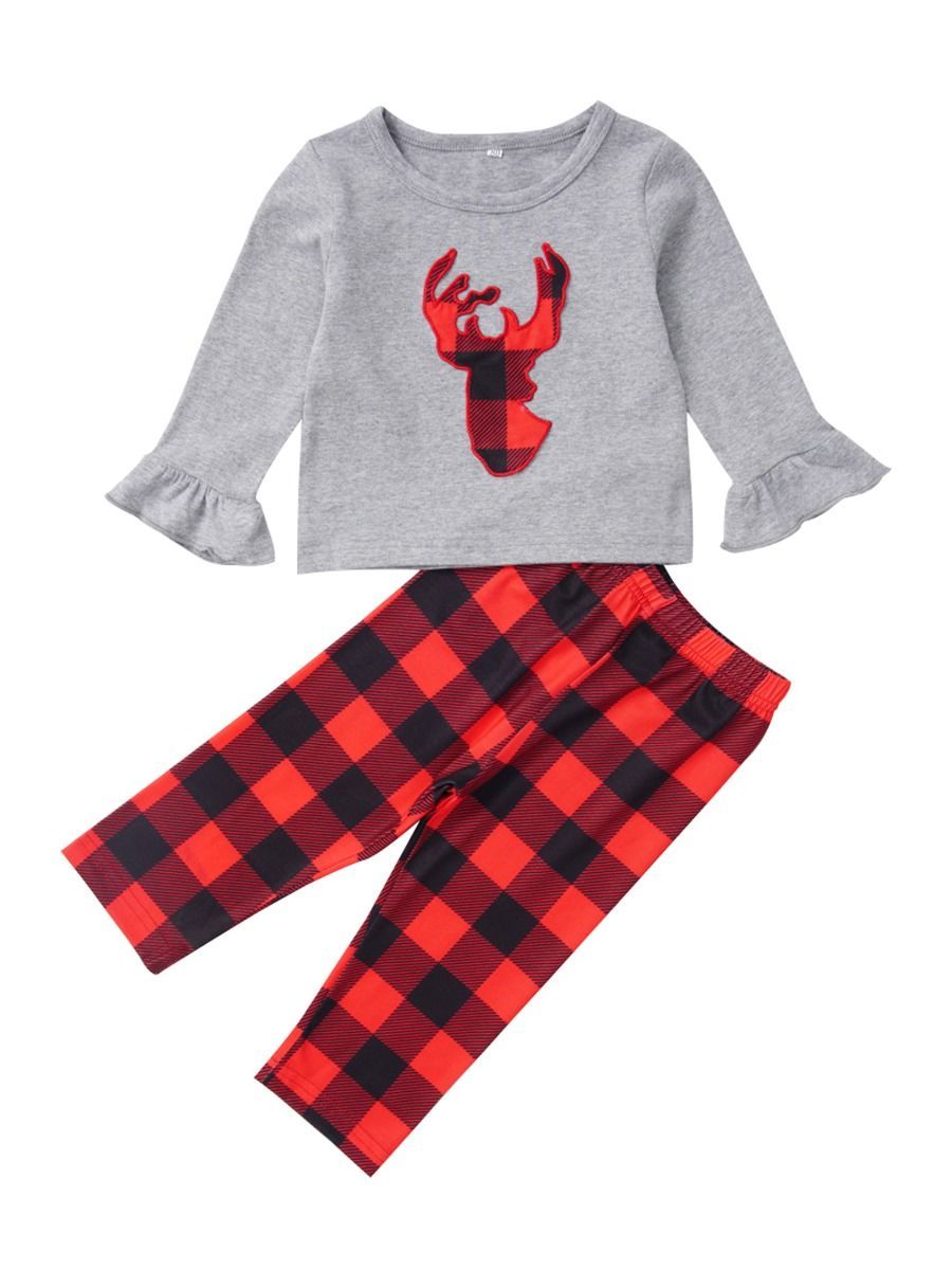 Xmas Baby Toddler Girl 2-Piece Set Deer Frilled T-shirt & Checked Pants - dianjiang-