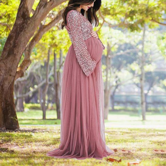 Maternity V-Neck Long Sleeve Tulle Gown With Tonal Delicate Sequins - dianjiang-