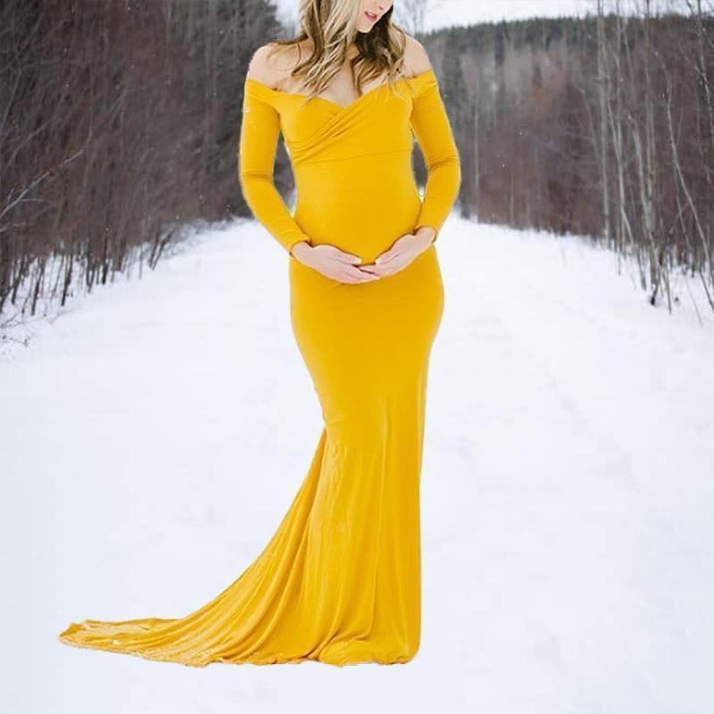 Maternity Yellow V-Neck Long Sleeve Elegant Gown - dianjiang-