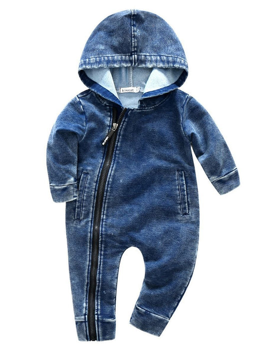 Zipper Style Bias Tape Baby Boy Denim Hooded Jumpsuit Coverall - dianjiang-