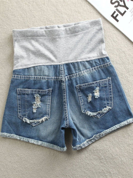 Maternity Hole Frayed Denim Shorts - dianjiang-