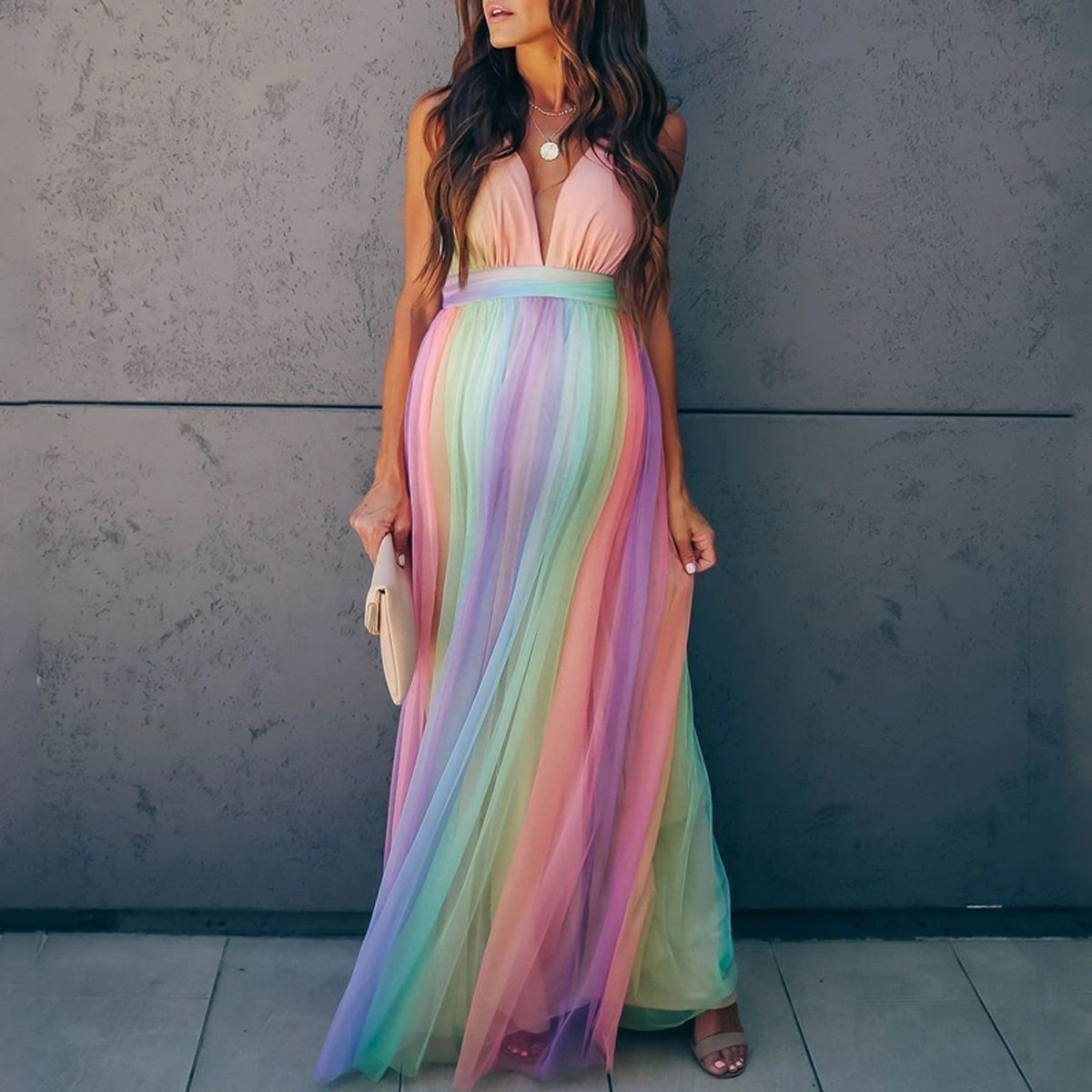 Maternity Sexy Rainbow Striped Maxi Dress - dianjiang-