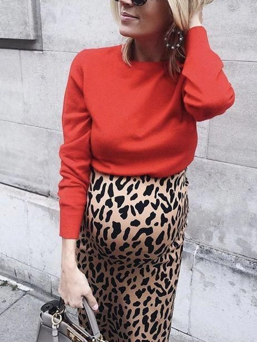 Maternity Red Top And Leopard Print Dress - dianjiang-