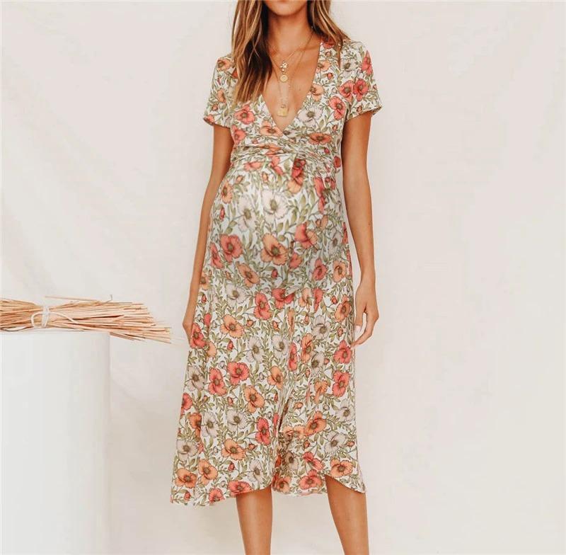 Maternity Sexy Deep V Neck Short Sleeve High Slit Floral Printed Dress - dianjiang-