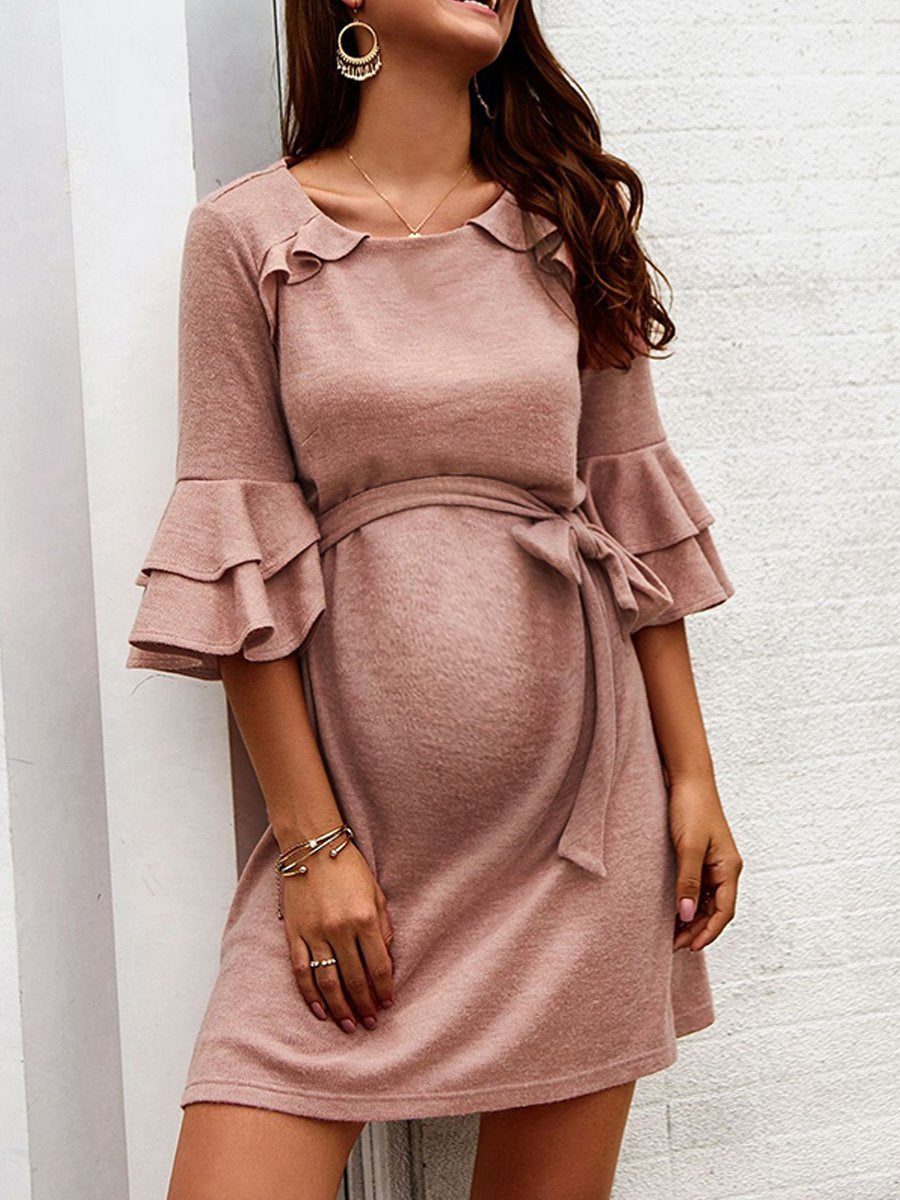 Maternity Pure Color Round Neck Flounce Three-Quarter Sleeve Dress - dianjiang-