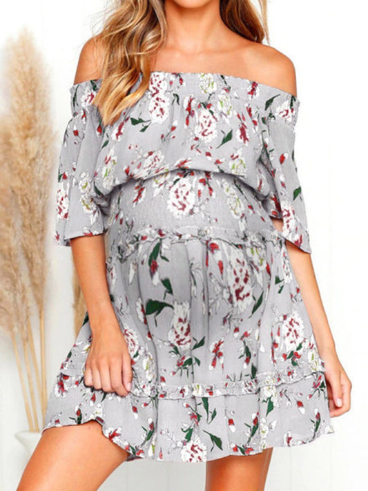 Off Shoulder High Waist Chiffon Print Maternity Dress - dianjiang-