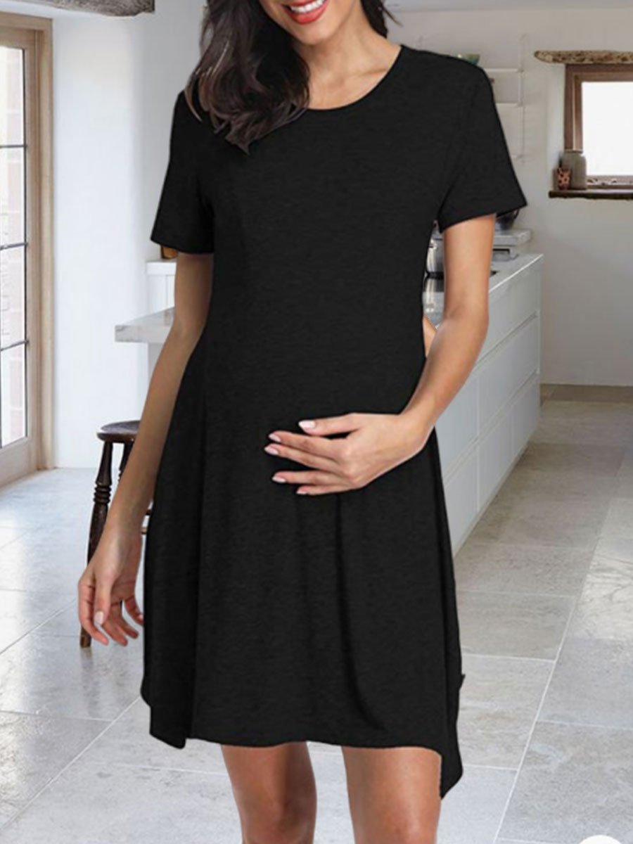 Short Sleeve Button Solid Color Maternity Dress - dianjiang-