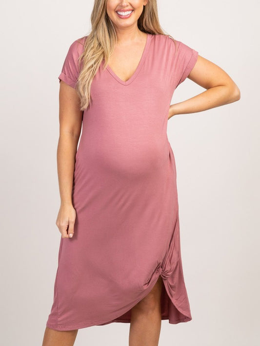 Maternity Loose Casual Solid Color Short Sleeve Maxi Dress - dianjiang-