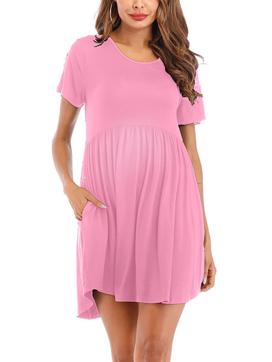 Maternity Solid Color Waist Casual Short Sleeve Dress - dianjiang-