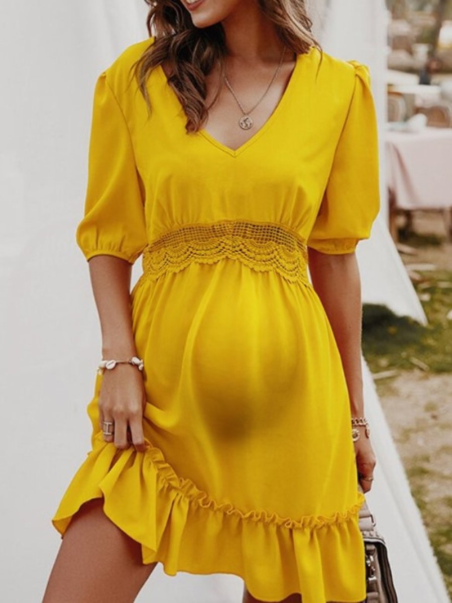 Maternity Solid Color Sexy V-Neck Sleeve Mini Dress - dianjiang-