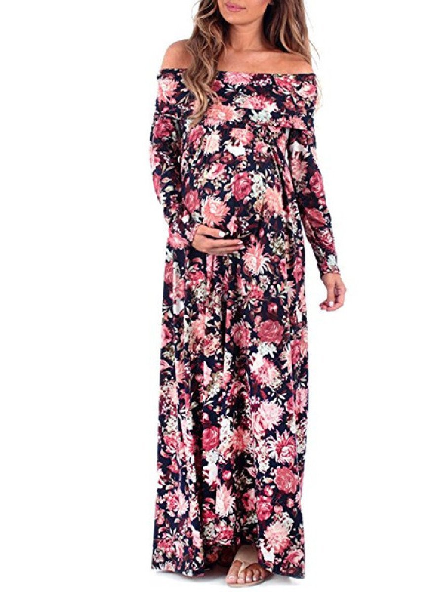 Single-shoulder Printed Long-sleeved Maternity Dress - dianjiang-