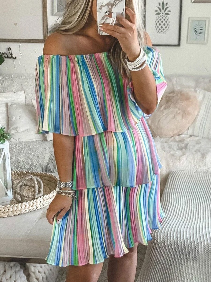 Maternity Rainbow Stripe Off Shoulder Multi-Pleated Dress - dianjiang-