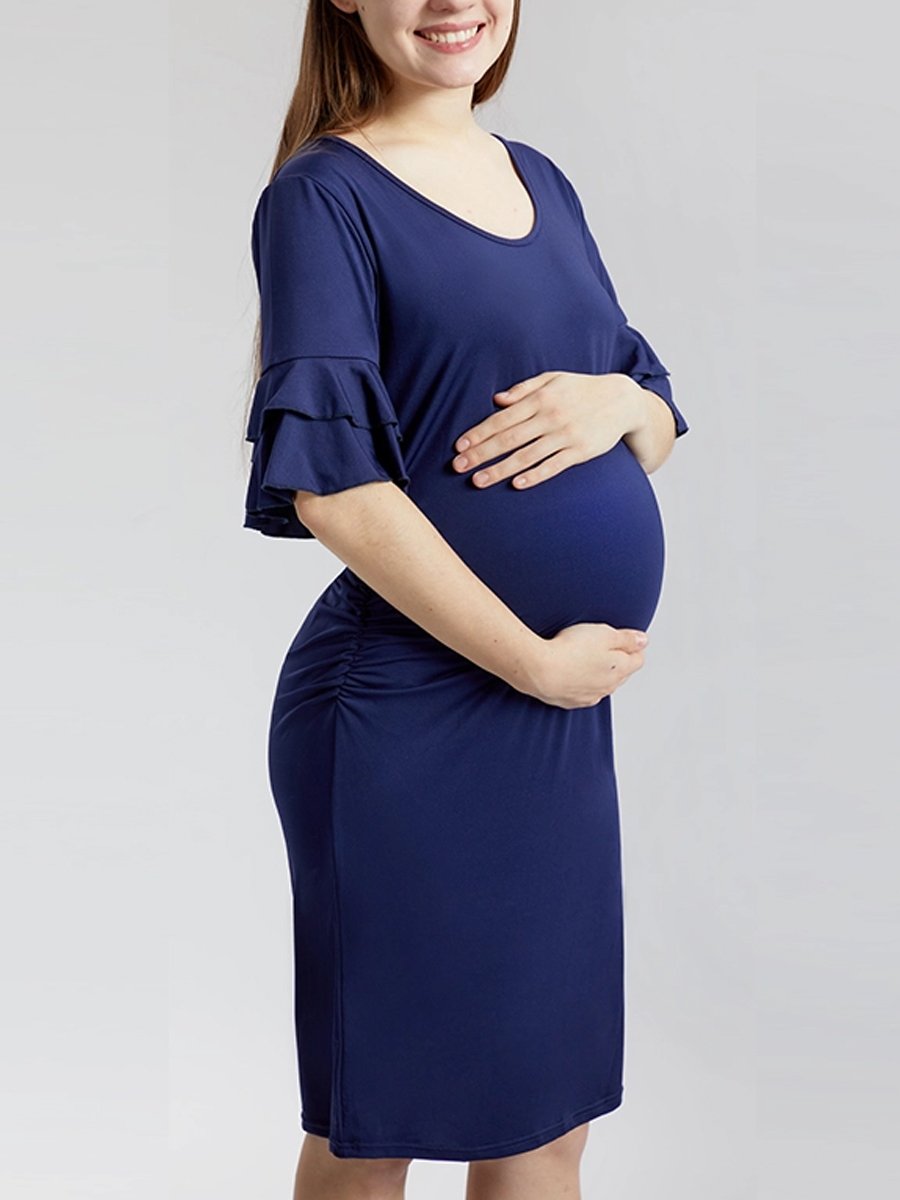 Maternity Ruffled Trumpet Sleeve Crew Neck Midi Dress - dianjiang-