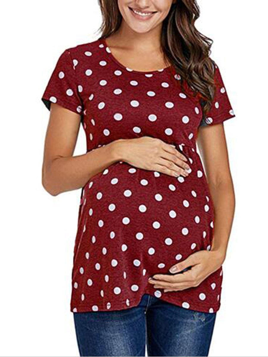 Round Neck Maternity Polka Dot Print Short Sleeve - dianjiang-