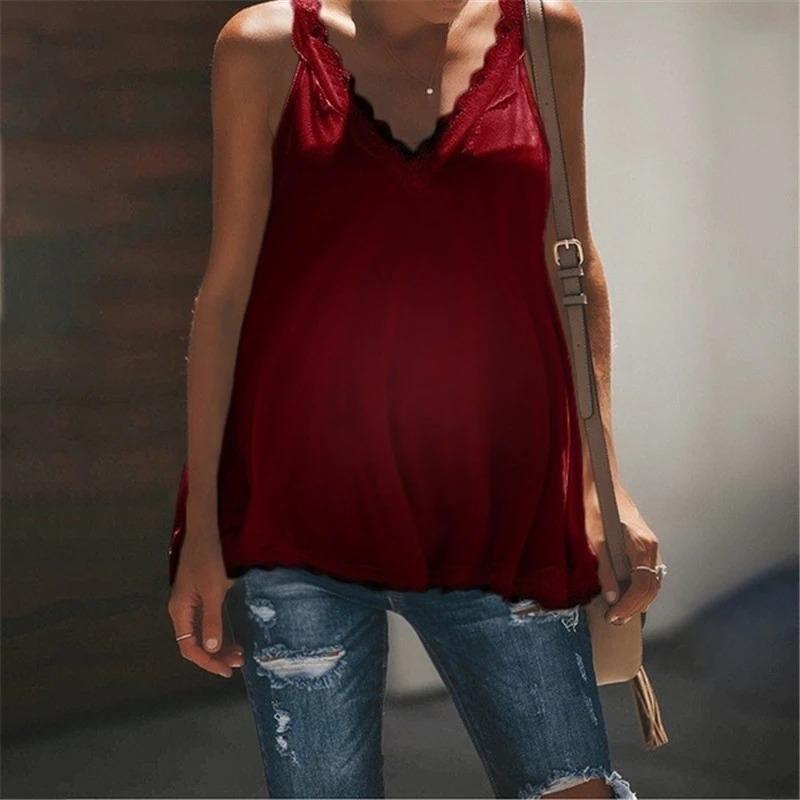 Maternity Solid Color Lace Stitching V-Neck Vest - dianjiang-