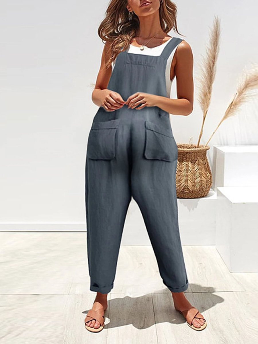 Maternity Casual Solid Pocket Cotton And Linen Suspender Jumpsuit - dianjiang-