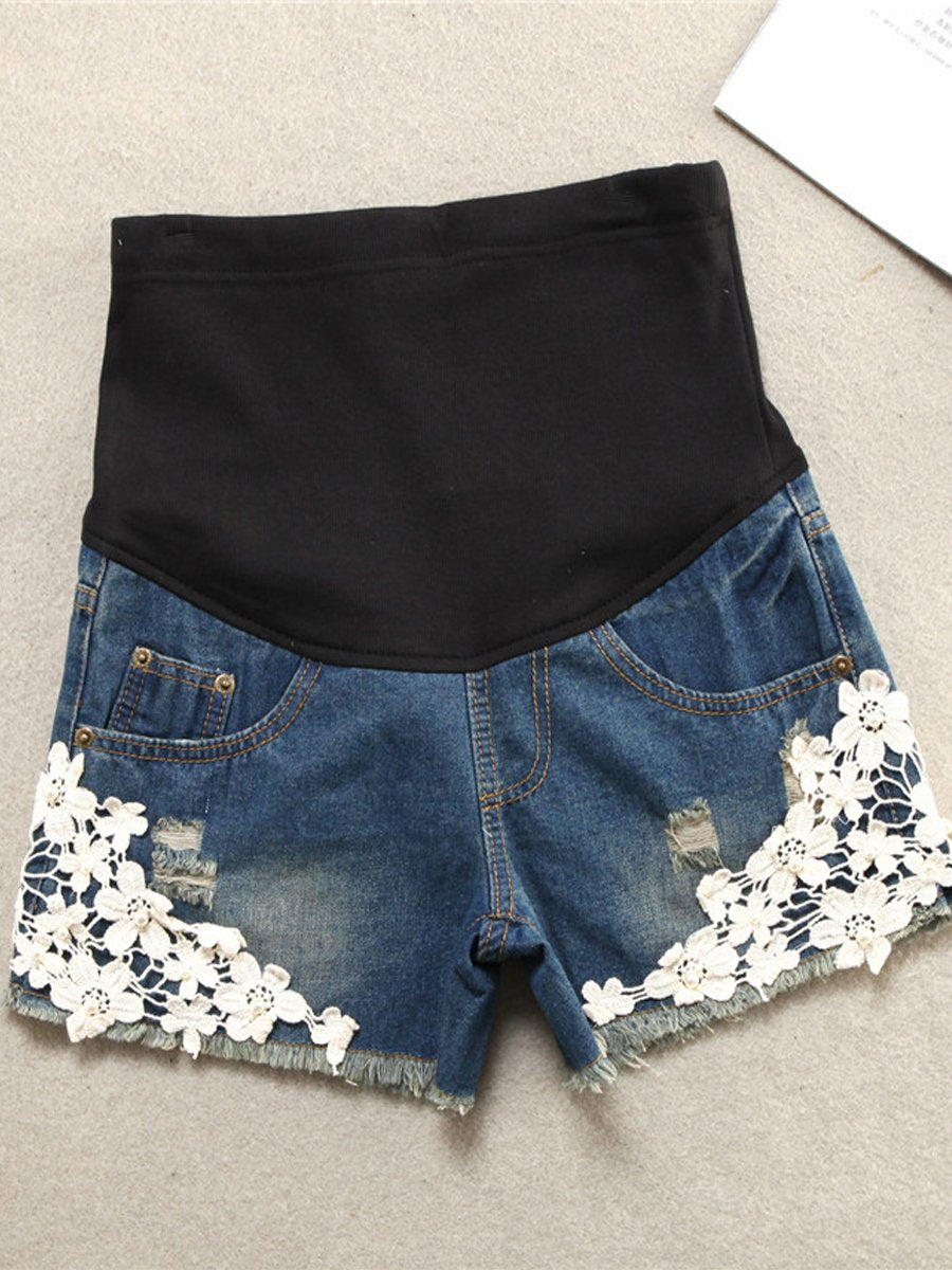 Maternity Lace Maternity Denim Shorts - dianjiang-