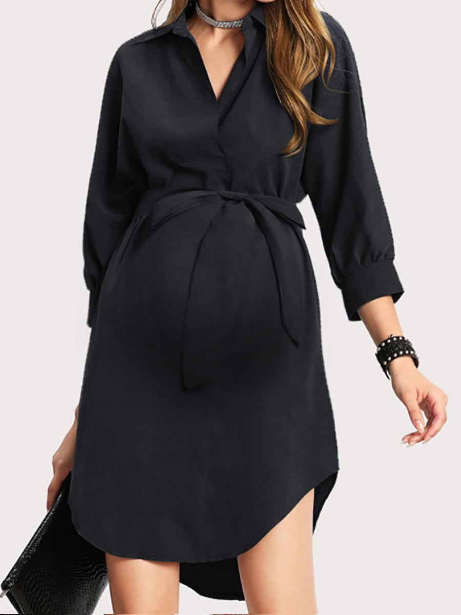 Maternity Fashion V Neck Pure Colour Shirtdress - dianjiang-