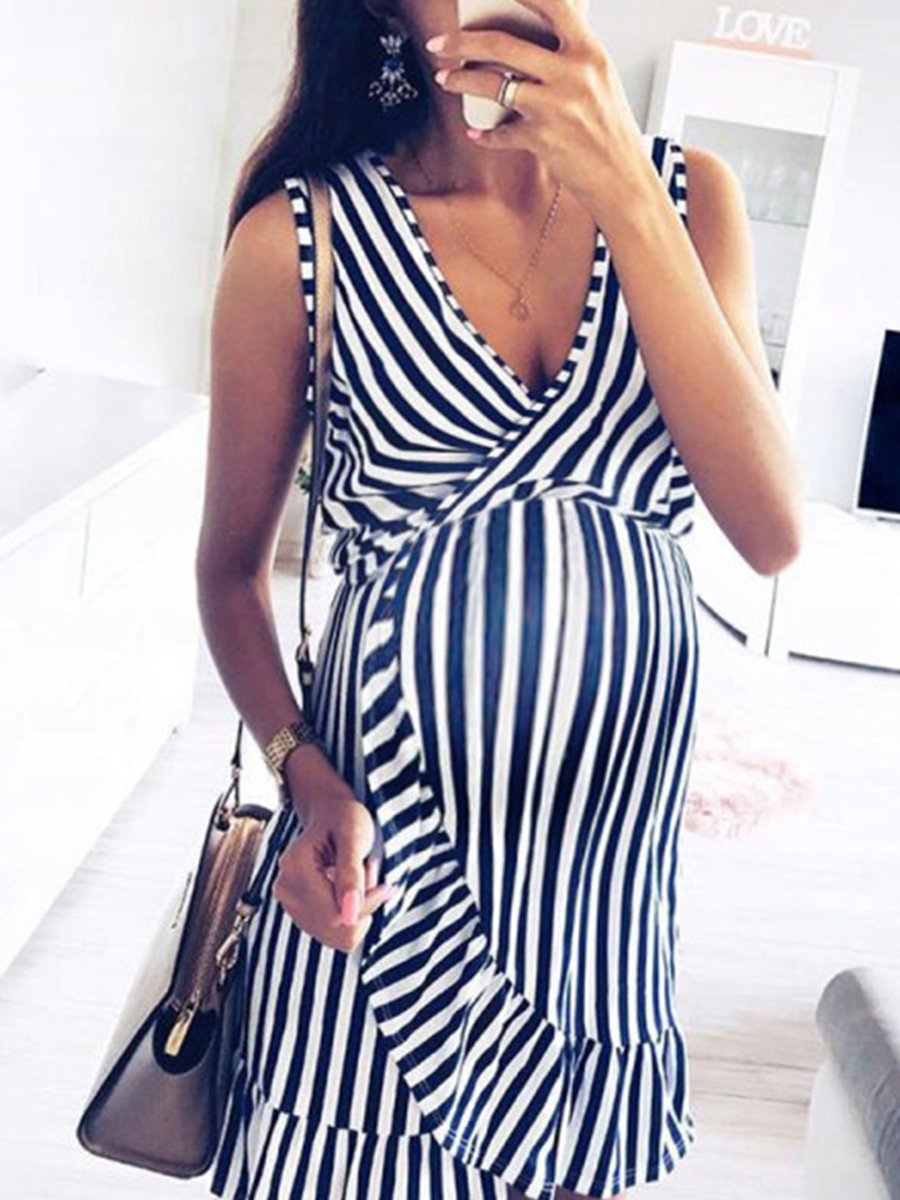 Deep V Sleeveless Stripes Maternity Dress - dianjiang-