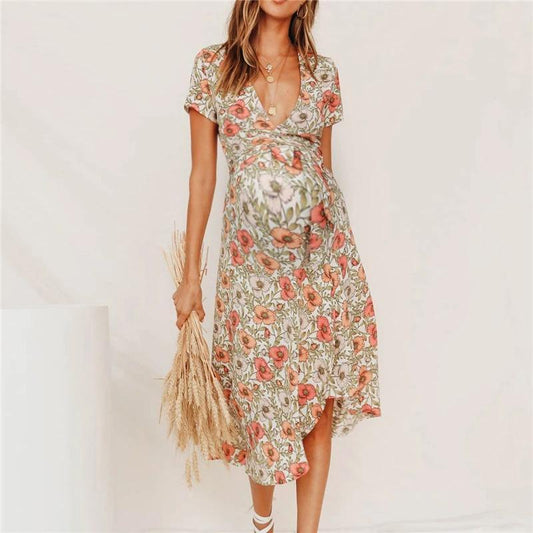 Maternity Sexy Deep V Neck Short Sleeve High Slit Floral Printed Dress - dianjiang-